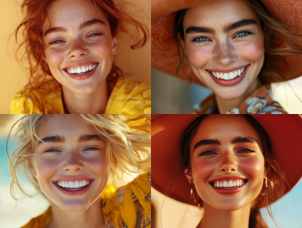 欧美模特开心露齿，中心构图，时尚场景，明亮色彩，特写镜头，自然光，笑容灿烂，活力，欢快，清晰肤质。