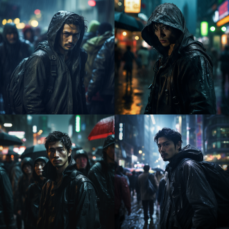 夜晚大雨澎湃，黑色斗篷，右手机械手臂，人群中突出，赛博朋克城市，背着包裹，孤独真实风格，亚洲男性，娃娃脸冷峻，高对比度，冷色调，广角镜头，雨水效果，侧光，动态模糊，机械质感，孤独感，神秘氛围，东方元素，正面走来，真实风格，全身人物真实，虚幻引擎渲染。