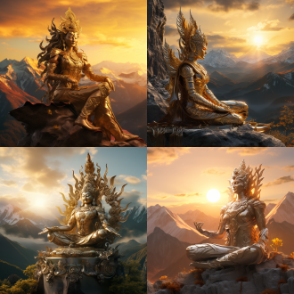机甲文殊菩萨，仰望高山，日出，高分辨率，3d效果，金属质感，金色光芒，山峰背景，庄严表情，宽广视角，柔和侧光，细节丰富，宁静氛围。