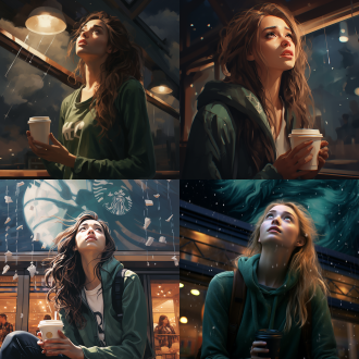 星巴克门口的座位上，一个精致的女孩，端着一杯咖啡，满脸流泪的看着天空