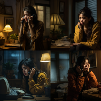 凌晨3点北京出租房内，迷茫姑娘泪流满面与妈妈通话，中心构图，暖黄暗光，特写镜头，长焦，悲伤，室内，深夜氛围。