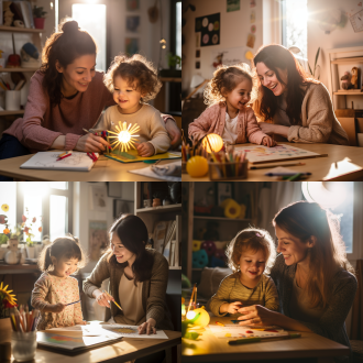 2岁女儿与28岁妈妈坐书桌前，台灯下女儿右手拿蜡笔在统计单画太阳抬头给妈妈看，三分法构图，暖光，特写，温馨，亲子互动。