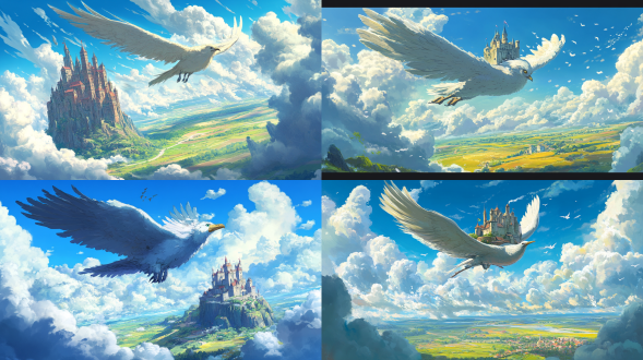 天空中，身上背着一座城堡的巨大飞鸟，翱翔在空中，它的翅膀闪着光亮，云雾环绕在四周，飞鸟下面的大地是一片空旷的平原，蓝天白云，春日阳光，丰富细节，镜头捕捉，颜色明亮，柔和线条，日本动漫，宫崎骏风格，8k分辨率，