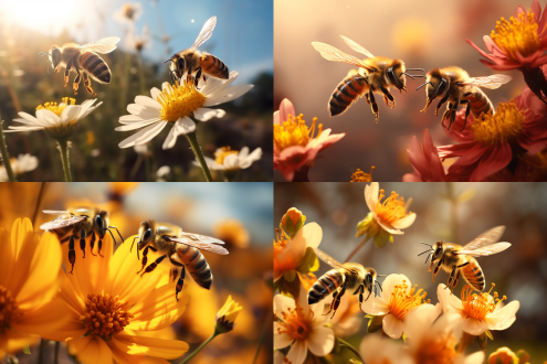 两只小蜜蜂，飞在花丛中，特写镜头