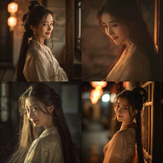 中国古代美女，长发飘逸，汉服华美，灯火阑珊处，回眸一笑，柔和光线，古典风格，长焦镜头，低角度拍摄，温柔表情，细腻肌肤，暖色调，优雅姿态，历史感。