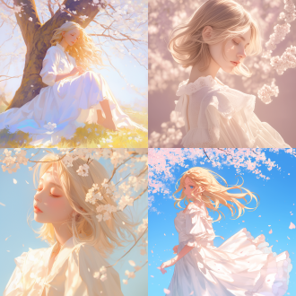 金发女生，白色连衣裙，树下，樱花飘落，微风，时尚摄影，温和色调，中景，自然光，柔焦，优雅，宁静。