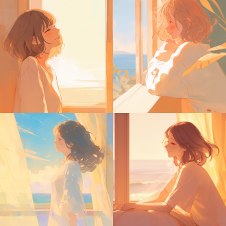 少女侧脸微笑，窗户透视，阳光明媚，海边，温暖色调，中长焦镜头，侧光，自然光，宁静，期待。