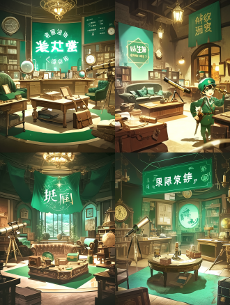 儿童室内探索密室发现馆，魔法星球，小朋友探险，45度角，门口，沙发茶几，卷轴标题，绿色调，棕色背景，广角镜头，自然光，快门速度适中，开心表情，书包旅行衣帽手套，望远镜指南针，探索新奇，兴奋情绪。 城堡内部 侧身