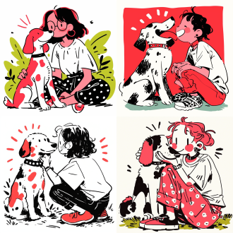 a minimalistic, line-drawn illustration featuring a person sitting cross-legged and petting a dog with red and white patches. the person is wearing a plain t-shirt and pants, and the dog is sitting happily. the background is simple with light green and white colors. ensure the overall mood is cheerful and heartwarming, capturing the affectionate moment between the person and the dog.