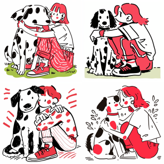 a minimalistic, line-drawn illustration featuring a person sitting cross-legged and petting a dog with red and white patches. the person is wearing a plain t-shirt and pants, and the dog is sitting happily. the background is simple with light green and white colors. ensure the overall mood is cheerful and heartwarming, capturing the affectionate moment between the person and the dog.