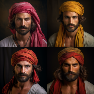 欧洲男性肖像，头巾，启蒙之路，2019年流行照片，受leconte stewart和adam ondra启发，高色彩压缩，疯狂帅气，甲基苯丙胺头，肩长，美丽流动面料，beta男性，半身照，柔和光线，自然环境，中焦镜头，高分辨率，深邃眼神，平静表情，暖色调，艺术风格，情感丰富。