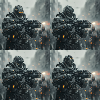 老人重型盔甲机关枪，马路中央，战火背景，人群惊慌，全黑盔甲，金属质感，高对比度，广角镜头，侧光，动态模糊，紧张氛围，冷色调。