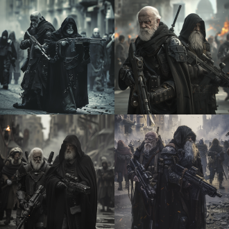 两个老人，一个穿全黑重型盔甲拿机关枪，一个穿全身黑袍的法师，马路中央，惊慌人群，战火背景，高分辨率，暗色调，广角镜头，逆光，动态模糊，紧张氛围，强烈对比。