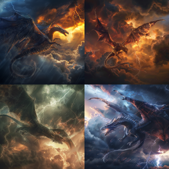 巨龙空中盘旋，乌云密布，雷鸣闪电，写实风格，最高质量，广角镜头，阴暗天空，动态模糊，强烈对比，金属质感，龙鳞细节，震撼，恐惧，力量。