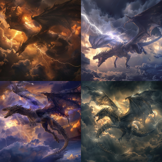 龙空中盘旋，乌云密布，雷鸣闪电，写实风格，最高质量，广角镜头，低角度，高动态范围，阴暗天空，金属质感，龙鳞细节，震撼，威严，恐惧。