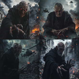 老人钢铁爪牙，黑色长袍，暗红眼睛，骇人气场，破烂城市，战火背景，坦克直升机，电影写实，超高分辨率，最高质量，暗色调，广角镜头，逆光，动态模糊，紧张氛围，冷酷表情。