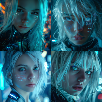 银色短发女孩，科幻脸蛋，蓝色眼睛内有影像，脖子高科技芯片，赛博空间背景，未来感，高对比度，冷色调，广角镜头，侧光，动态模糊，科技感，神秘感。