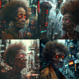 老人，棕色爆炸头，红色发光眼睛，额头圣徒纹身，未来机械城市背景，超高分辨率，最高质量，科幻风格，广角镜头，高对比度，冷色调，侧光，细节丰富，神秘感。