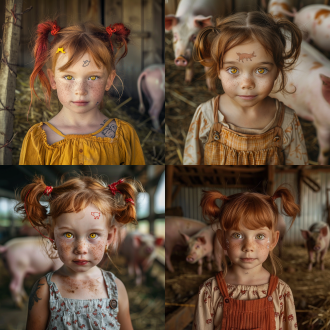 小女孩，红色丸子头，圆圆脸蛋，黄色眼睛，额头猪纹身，养猪农场背景，超高分辨率，最高质量，自然光，广角镜头，清晰细节，温暖色调，天真表情，宁静氛围。
