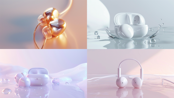 智能耳机广告图，时尚造型，创意广告效果，产品高大上，超高分辨率，最高质量，极简主义，科技感，白色背景，微距镜头，柔和光线，细节清晰，现代感，高端市场。