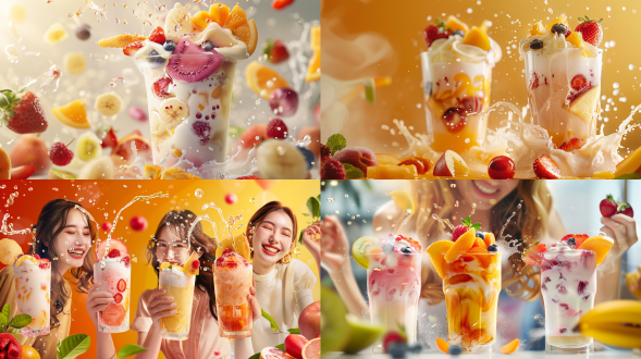 水果奶茶广告图，时尚创意，营养丰富，清爽可口，超高分辨率，最高质量，鲜艳色彩，清晰细节，自然光，广角镜头，动态效果，水果切片，奶茶泡沫，微笑顾客，现代风格，广告牌背景，诱人表情。