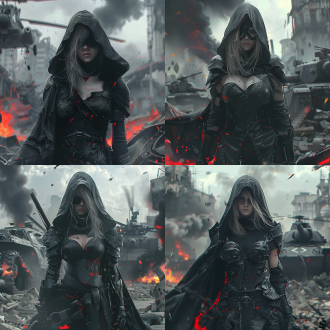现代战争，妖艳女人，黑色盔甲法袍，兜帽，暗红色气息，破烂坦克直升机，废墟，浓烟，超高分辨率，最高质量，强壮，霸气，神秘，毁灭，紧张，暗色调，广角镜头，逆光，动态模糊，细节丰富，情感强烈。