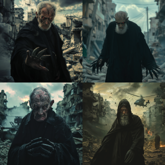 老人钢铁爪牙，黑色长袍，暗红眼睛，骇人气场，破烂城市，战火背景，坦克直升机，电影写实，超高分辨率，最高质量，暗色调，广角镜头，侧光，动态模糊，紧张氛围，冷酷表情，细节丰富，震撼效果。