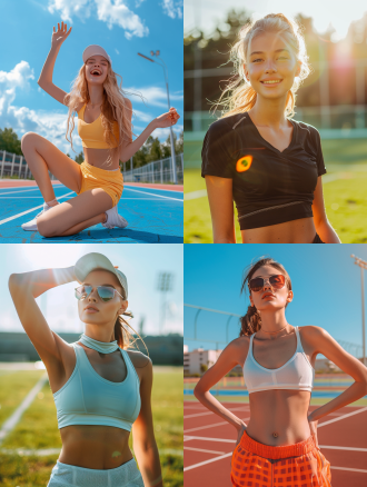 女生夏日运动装，模特造型，时尚运动，超高分辨率，最高质量，阳光下，户外运动场，鲜艳色彩，动感姿势，自然光，广角镜头，活力四射，清新风格，自信微笑。