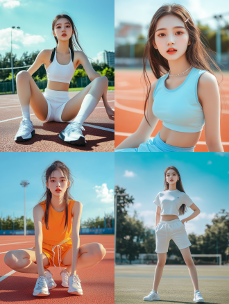 中国女生夏日运动装，模特全身照，时尚运动风格，高分辨率，高质量，明亮色彩，户外运动场，广角镜头，自然光，动感姿势，自信表情，活力四射。