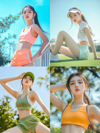 中国女生夏日运动装，全身照，时尚运动，超高分辨率，最高质量，户外运动场景，阳光明媚，高饱和色彩，广角镜头，自然光，动态姿势，活力四射，清新自然。