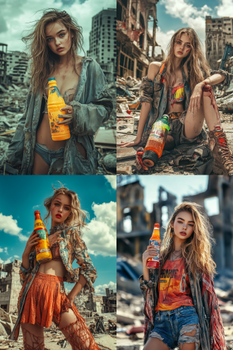 夏日饮料广告图，废土风格，荒废城市背景，饮料瓶鲜艳突出，模特穿着破旧时尚，表情坚毅，高分辨率，hdr效果，广角镜头，自然光，动感构图，对比鲜明，色彩鲜艳，充满希望。