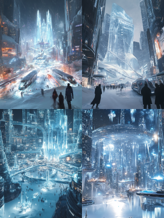 未来冰雪城市，高楼林立，银装素裹，空中悬浮交通工具穿梭，城市灯光璀璨，科技感十足。构图中央为一座巨型冰雕建筑，周围环绕着小型冰雕和光带，城市居民穿着未来感服装，面带微笑，欣赏景色。超现实主义，夜景，冷色调，长焦镜头，逆光，慢快门，静谧，梦幻。
