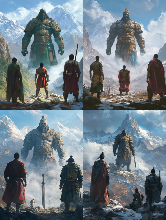 小明背身站在空地上，旁边站着两个印度战士，看着前方的喜马拉雅山脉，山脉上有一个身高300米的中国巨人，穿着中国重型盔甲，带着中国封闭式头盔正面站在那里，一把巨大的刀插在前面地上，压迫感十足，超高分辨率，最高质量