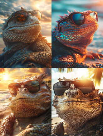 人龙海滩，近景特写，墨镜疤痕，巨龙依偎，气场强大，海滩背景，暖阳侧光，高饱和色彩，震撼对比，力量与威严。