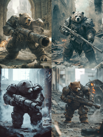 人形熊穿盔甲戴头盔，手持加特林在废墟中扫射，动态构图，废墟背景，冷色调，广角镜头，硬光，高速快门，战斗姿态，紧张氛围。