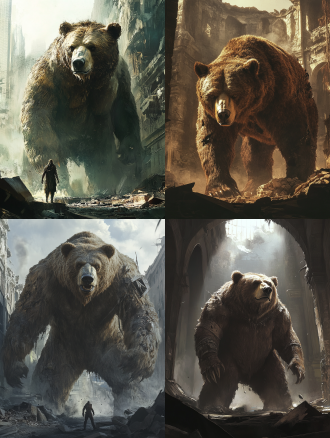 巨熊站立废墟，压迫感，20米高，棕色毛发，人形，废墟背景，暗色调，广角镜头，顶光，静态，威严，恐惧。