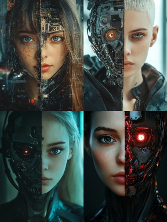 上半身写真，一半人脸摄影写实风格，一半人脸是赛博朋克机械风格，科幻结合