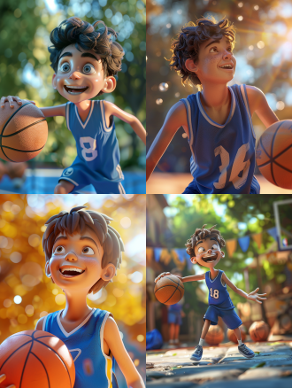 盲盒风格，泡泡玛特，室内篮球场，3d，打篮球的男孩，连接性，可爱，教培广告，游牧，c4d，8k，高细节，多巴胺背景，篮色球衣，明亮色彩，微笑表情，运动，阳光照射，动态捕捉。