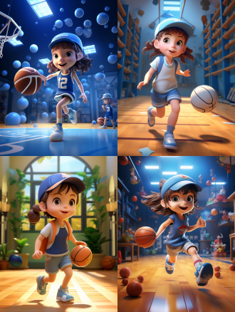 室内篮球场，泡泡马特风格，潮玩，打篮球的小女孩，可爱，反戴棒球帽，身穿蓝色球衣，短裤，全身，开心的奔跑，跑步，仰视角度，45度角斜侧面，多巴胺背景，模型，ip，光泽材质，最佳画质，c4d，blander，8k，16k，超清晰细节，模型摄影，明亮色彩，生动表情，细节丰富，数字艺术，创意设计，灯光效果，童真情感。