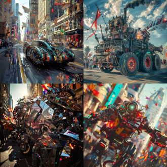 白天，机械机车，百辆炫酷炸街巡游，挥舞旗帜，宽阔街道，动态捕捉，高饱和色彩，广角镜头，逆光，快速移动，金属质感，旗帜飘扬，兴奋，壮观。
