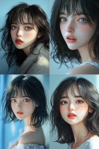 大眼美女头像，乌黑齐肩秀发，空气感齐刘海，皮肤白皙细腻，淡妆清纯，日光室内，清新淡蓝背景，8k超高清，绝佳画质，完美细节，纯色背景，清新风格，自然光，高清细节，清纯表情，室内环境，清新氛围。 路易威登