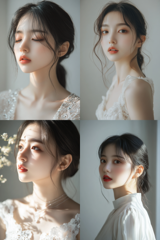 白色背景，室内拍摄，亚洲18岁少女模特，正装，端庄优雅，柔和光影，清晰细节，大光圈镜头，自然光，静态，淡雅色调，优美，8k高清分辨率，头部特写，细腻肌肤，温和表情，专业摄影，高分辨率，细节丰富，光影柔和，色彩淡雅，气质优雅。 路易威登 头部特写 极限特写