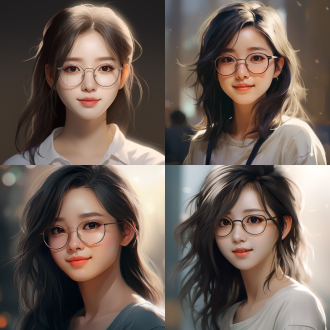 18岁亚洲女生，可爱微笑，中长发，温柔，无折射率的细框眼镜，纯色背景，淡色，超清细节，真实质感，温和光线，4k画质，正面视角，自然光，柔和色调，细腻皮肤，清晰眼神，温暖氛围，真实感，高分辨率，细节丰富，温柔表情，清新风格。 v杂志 玫瑰金 米色 头部特写