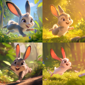 小白兔特写，森林中奔跑，皮克斯动画风格，超真实渲染，高角度，明亮色彩，迪士尼3d卡通，阳光直射，广角镜头，动态捕捉，鲜艳色彩，细节丰富，表情生动，动作流畅，环境融合，光线柔和，色彩饱和，欢乐氛围。