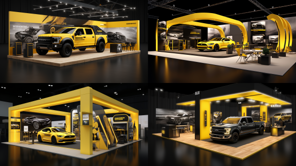 an exhibition booth, the dimensions are 12 meters long * 7.5 meters wide * 4.5 meters high, both sides are available for tours, yellow-black tones, industrial technology style, the booth needs a large led screen to play promotional videos, two vehicles were exhibited, a ford bronco, long 4794, width 1916 mm, height 1373 mm;, the other wenjiem9, length 5230 mm, width 1990 mm, height 1800 mm, the vehicle needs to be placed on a slope, to highlight our products at the bottom of the showcase, the wall is hung with iron mesh for hanging products, it is divided into two areas, an area showcases new energy products, another area showcases the off-road tuning range, wide shot, chiaroscuro, interior architecture, 4k