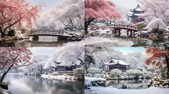 大师级摄影作品，苏州园林雪景风光，梅花盛开，小径曲曲弯弯，亭台楼阁，长廊蜿蜒，池塘清澈，树木葱郁，花草繁盛，柔和光线，长焦镜头，暖色调，自然色彩，宁静和谐。花园背景，超广角，莫兰迪色，阳光照射，古代中式，调色板，园林，亭子，红楼梦，世外桃源。