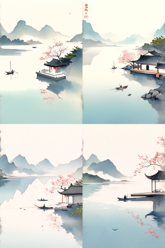 国风插画，淡雅水墨风格，宁静山水，中心湖面平静，倒映景物，中央小舟一人划桨，两艘帆船行驶留波纹，右侧岸边亭子歇山顶式样，木制平台伸水中，旁粉色樱花树盛开，远处山脉起伏，云雾缭绕，画面色彩柔和，自然人文景观结合，水墨画作品，高分辨率，细腻笔触，柔和光线，淡雅色彩，宁静氛围，自然景观，人文元素，水墨技法，传统美学。
