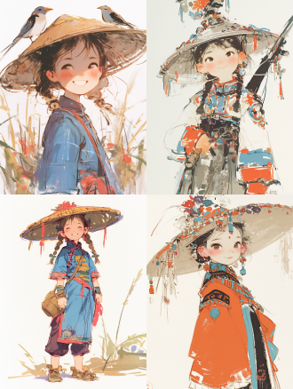 motion sketch,a cute chinese yi little girl,very cute,wearing yi ethnic costumes and a hat with yi ethnic characteristics on her head. smile,flat line drawing,brief stroke,chinese traditional minimalism,giorgio morandi,marker art,advanced color matching,white background,there are flowers and birds