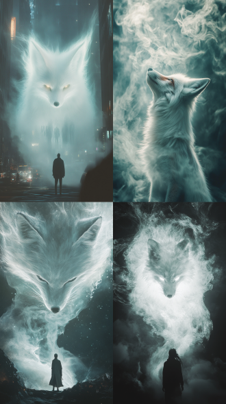 a huge white light nine tailed fox looks down on humans, sparkling, hazy, hazy, cinematic texture, exposure, dazzling, dreamlike, fairyland, smoke blocking, revealing a hazy head, minimalist image, simple