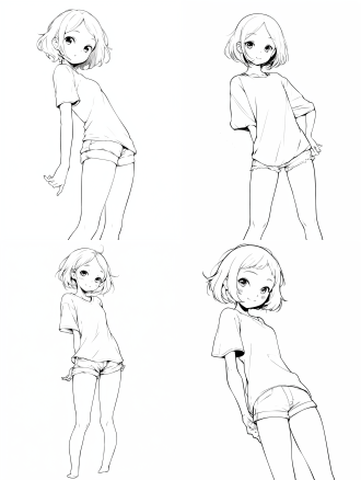 短发动漫女孩，黑白线稿，粗线条，短裤，纯白背景，无阴影，矢量设计，扁平风格，极简主义，高清视图，二维线条，全身照，独立元素，可爱类型，细节少。